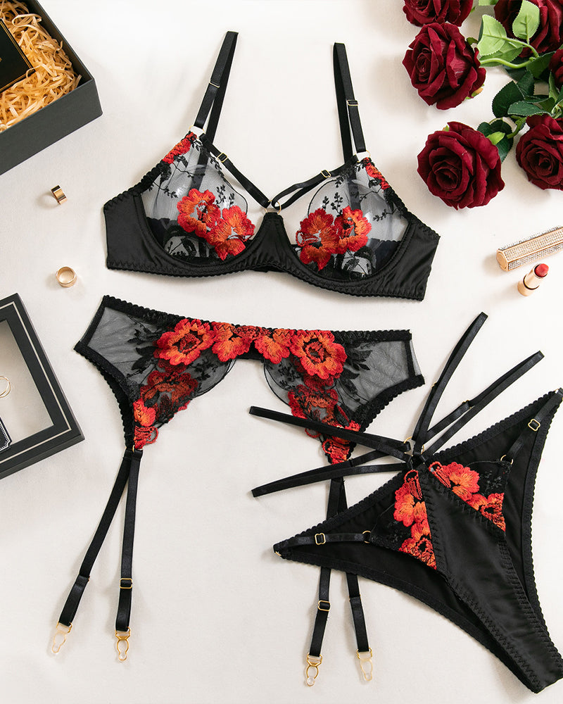Moly Sexy Floral Embroidered Sheer Mesh Lingerie Set