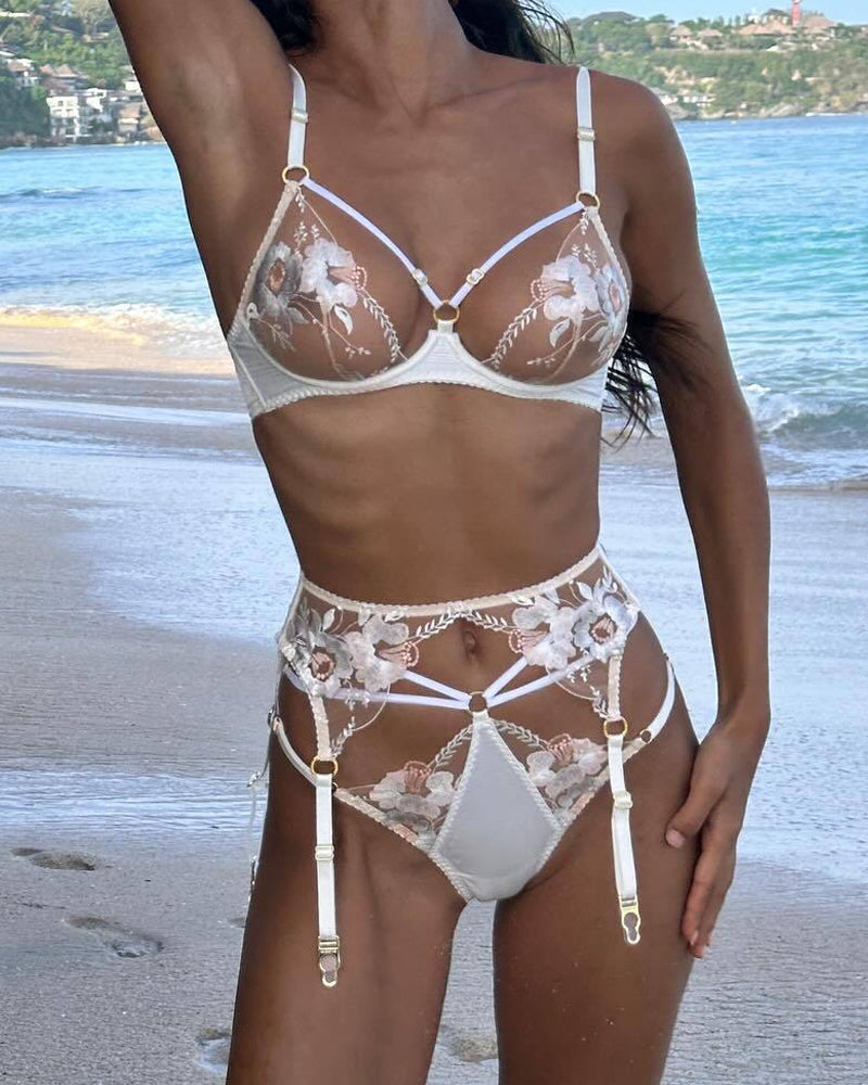 Moly Sexy Floral Embroidered Sheer Mesh Lingerie Set