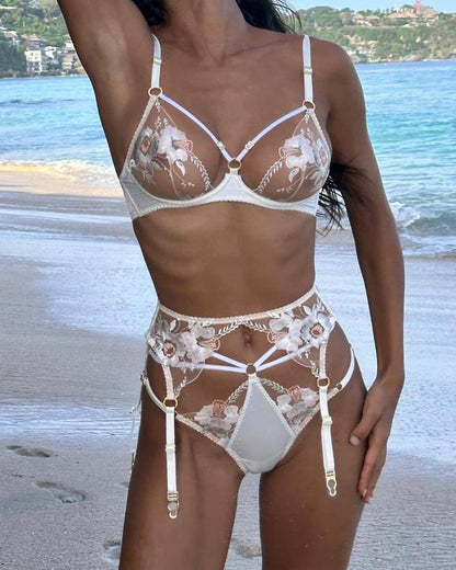 Moly Sexy Floral Embroidered Sheer Mesh Lingerie Set